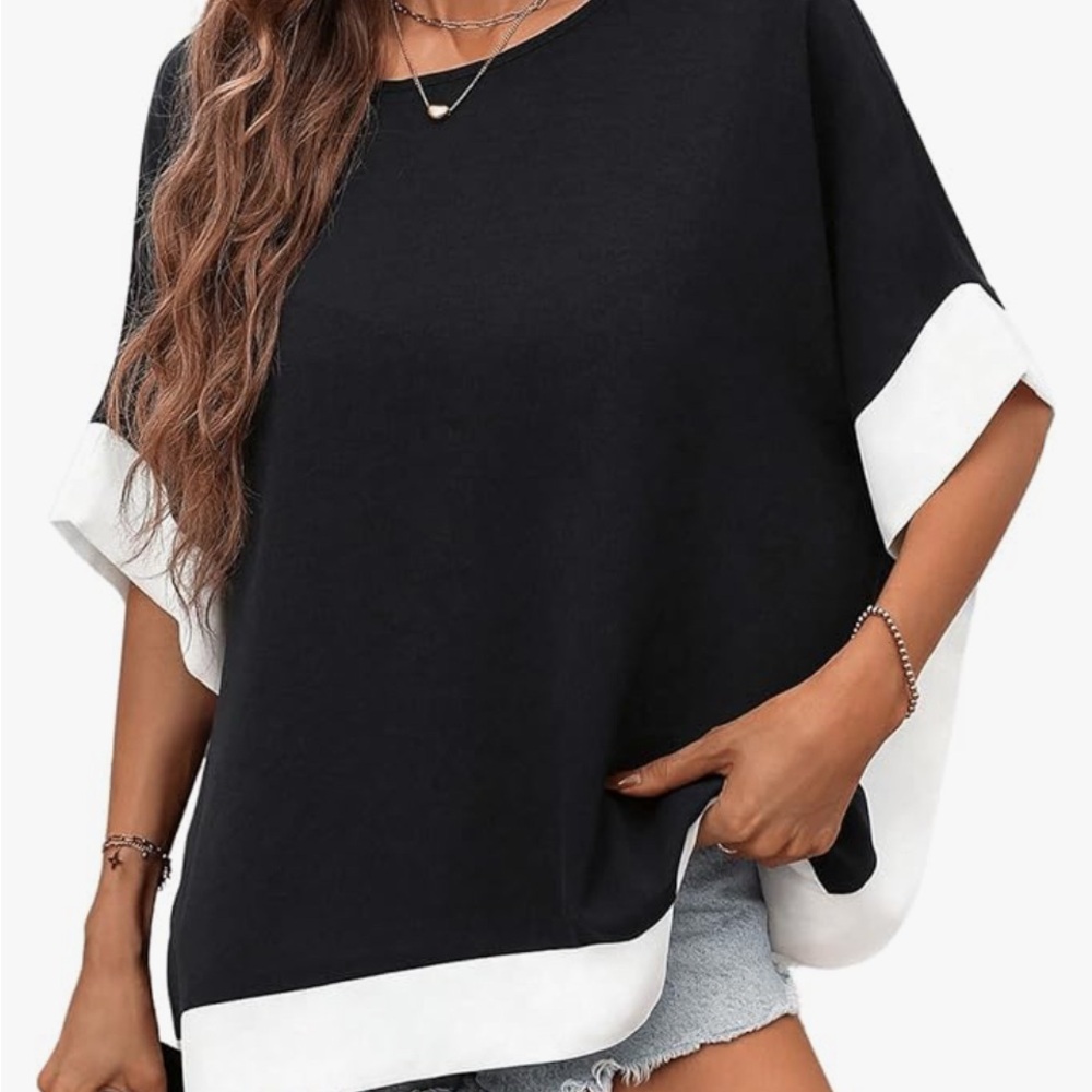 Black and White Oversized Tunic with Cuffed Dolman Sleeves